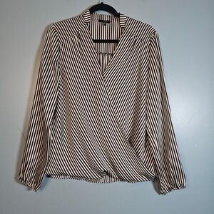 Drew Womens Black White Striped Surplice Wrap Blouse Long Sleeve V-Neck Top M